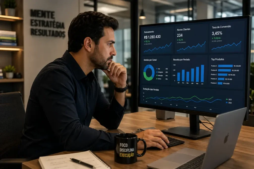 Empreendedor brasileiro usando inteligência artificial para gestão de negócios