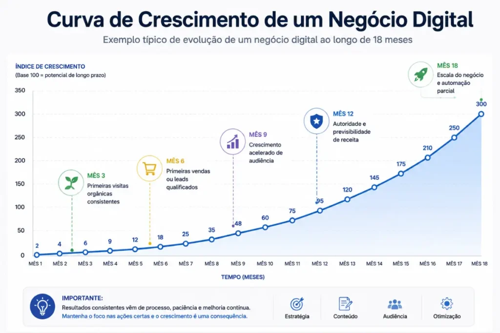 Curva de crescimento negócio online 18 meses gráfico