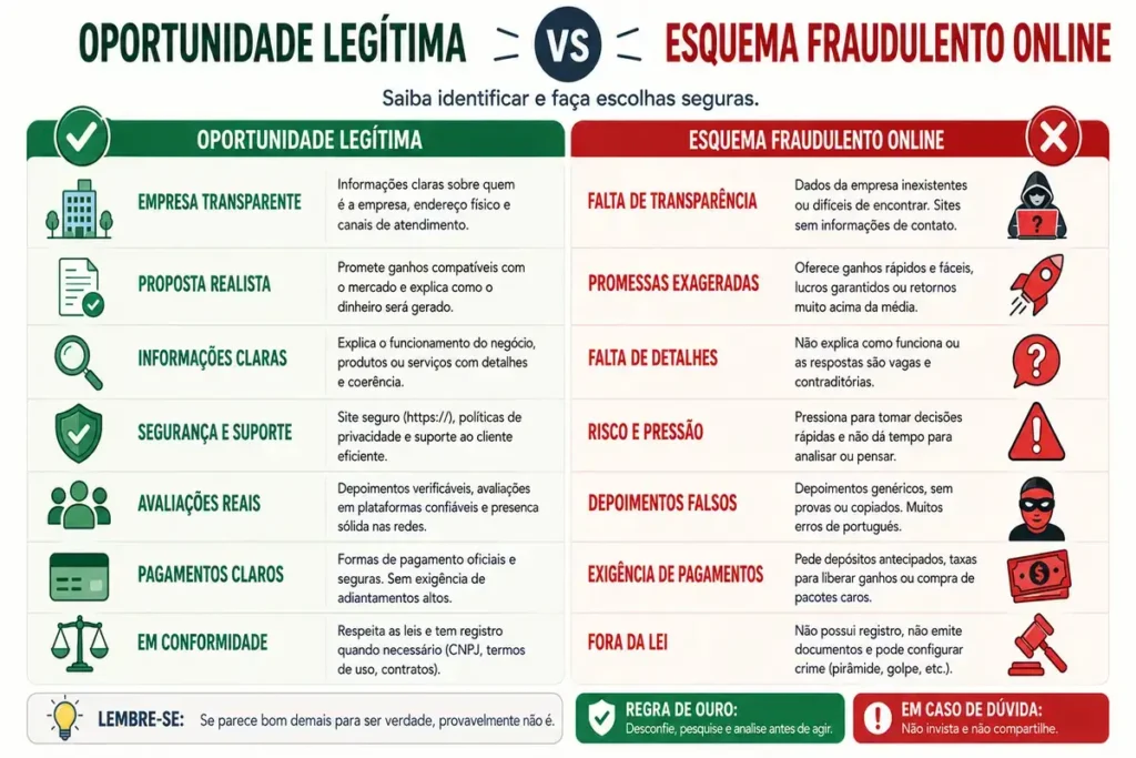 Diferenca oportunidade legitima e golpe internet infografico