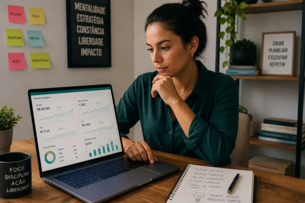 Empreendedora digital analisando resultados mentalidade empreendedora